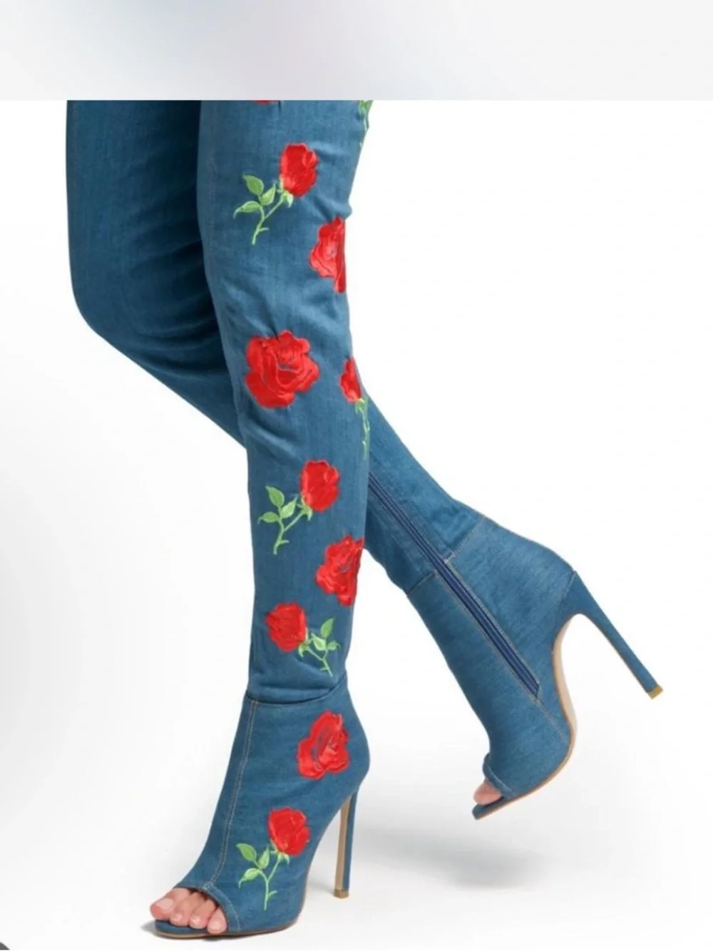 Women's Denim Over-the-Knee Peep-Toe Boots with Red Rose Embroidery